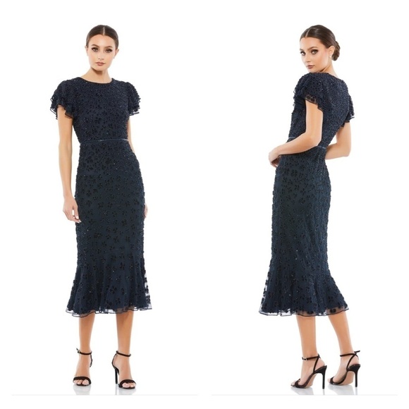 Mac Duggal Dresses & Skirts - Mac Duggal 10771 NWT HAND BEADED FLOUNCE SLEEVE MIDI DRESS (Blue)